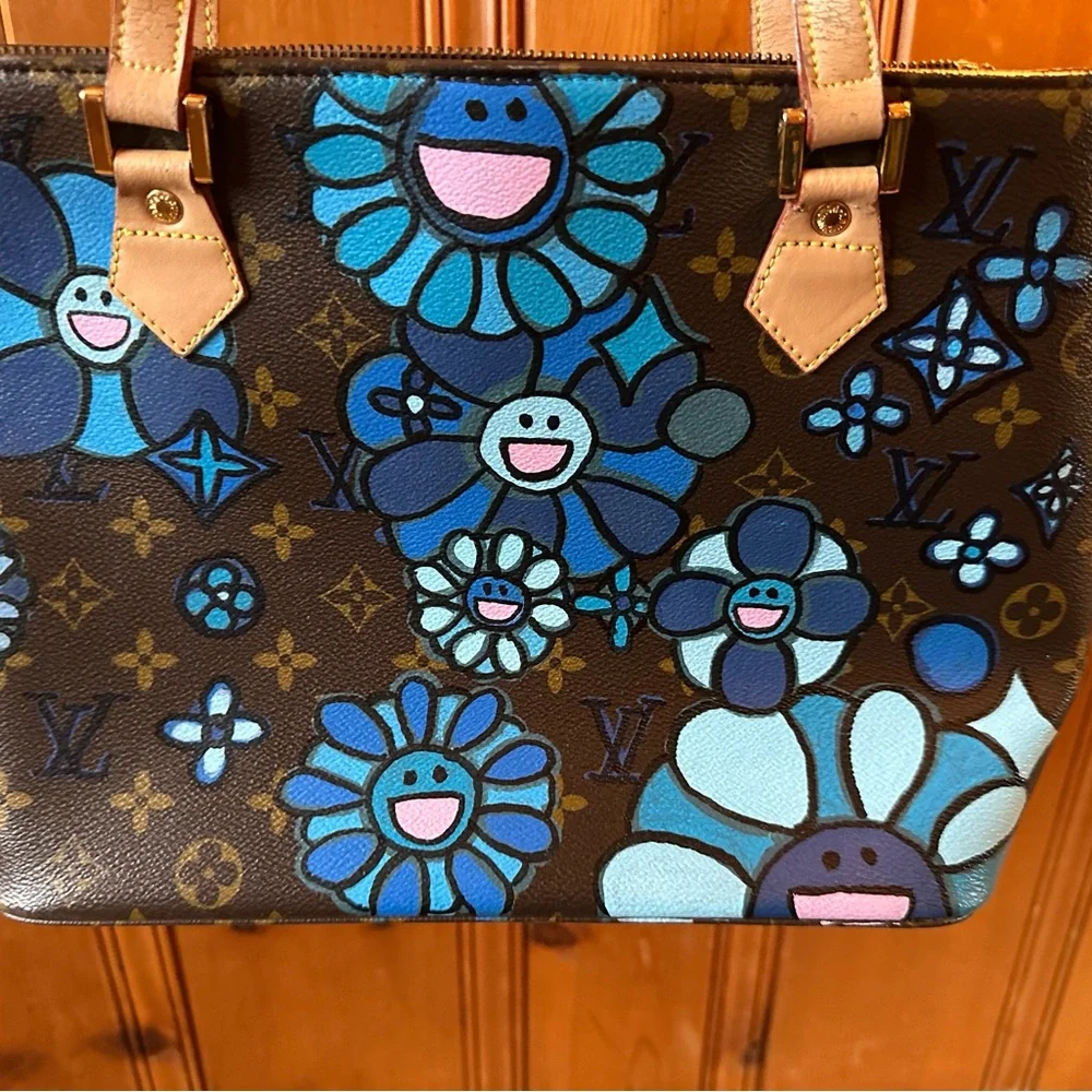 Louis Vuitton Blue Floral Tote Bag  Upcycled and Hand Painted - Picture 13 of 16